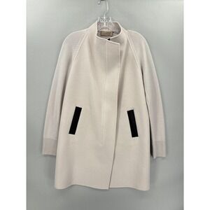 Georges Rech Coat Womens 38 Beige Wool Knit Zip Front Leather Trim Overcoat